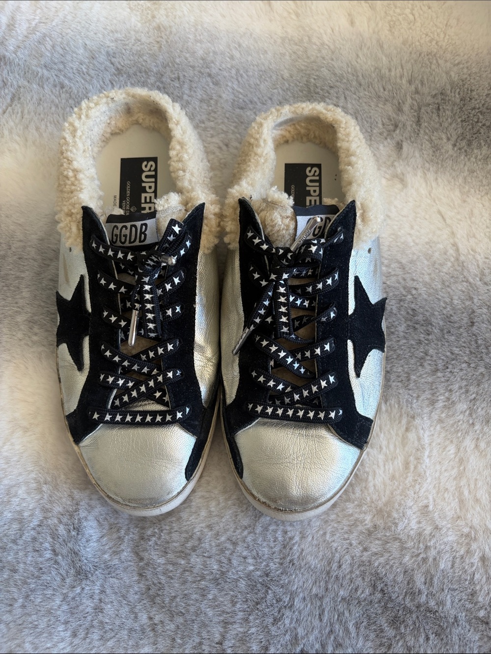Golden Goose Silver Leather Sneakers with Black Star Accents